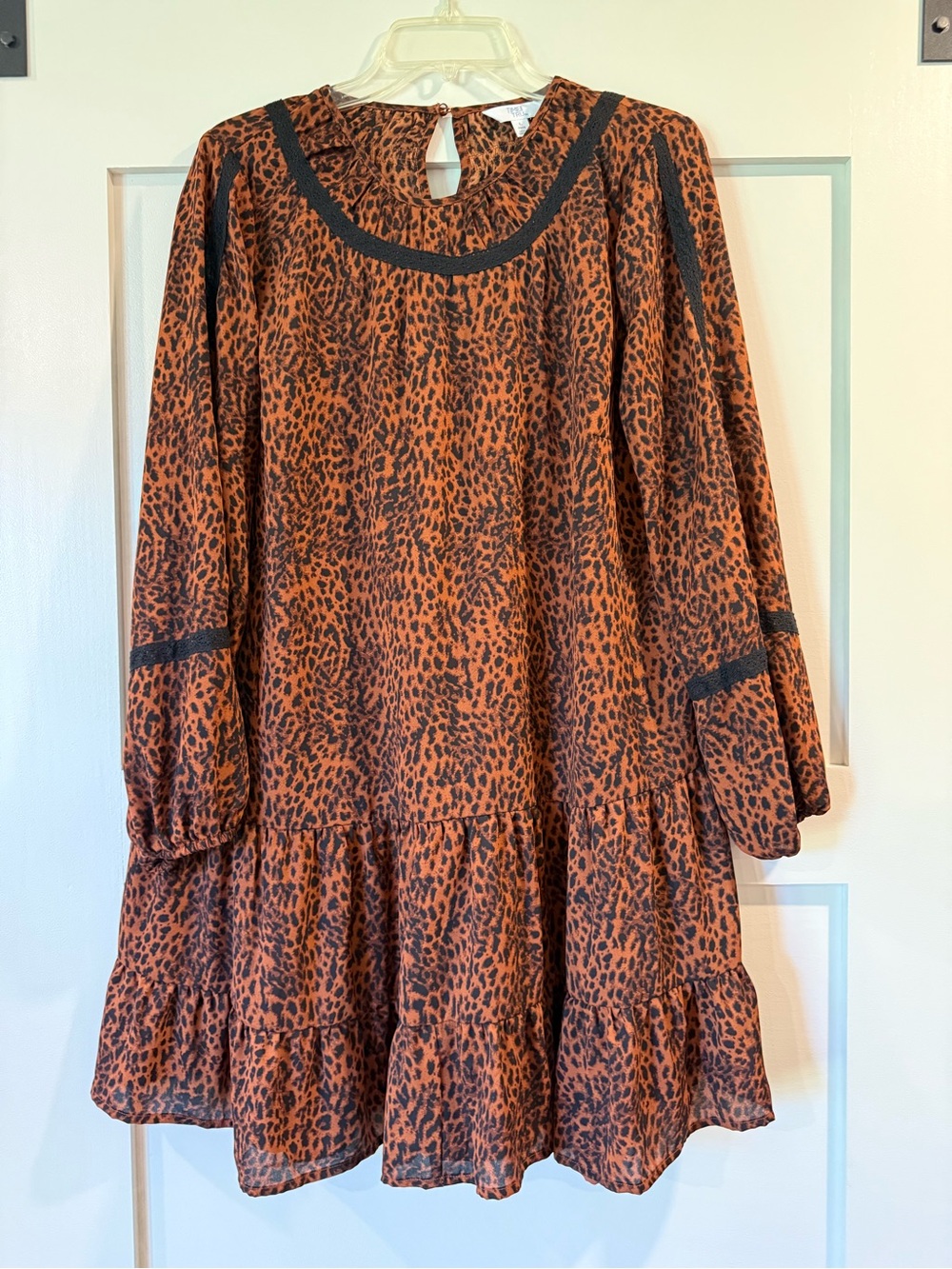 Women’s Rust Leopard Print Tiered Dress with Black Trim